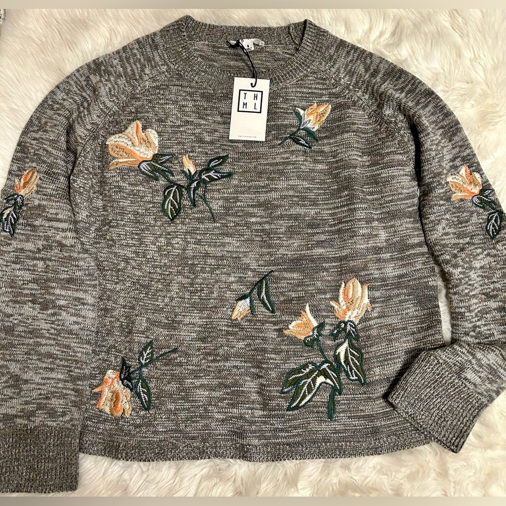 Anthropologie THML Sweater Size Small Brown Marbled Embroidered Boho